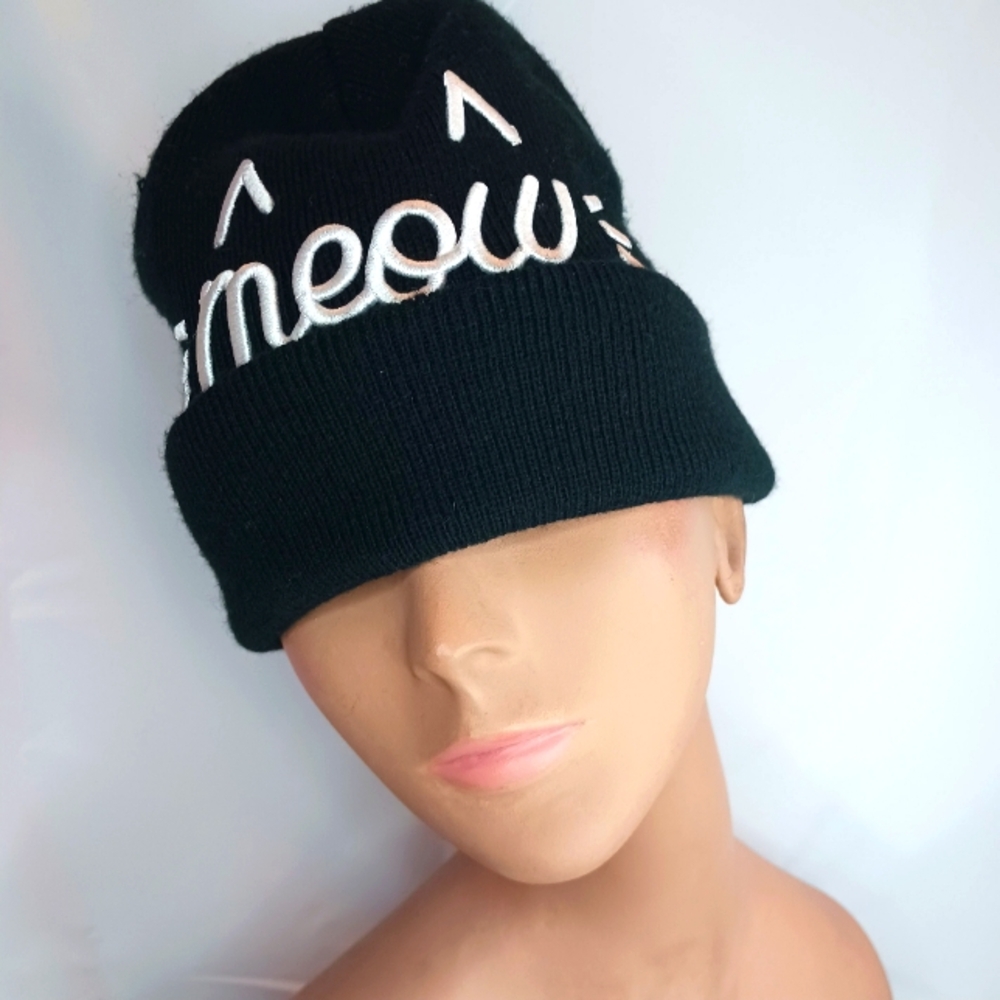 Black Toque with Meow & Cat Ear Embroidery.